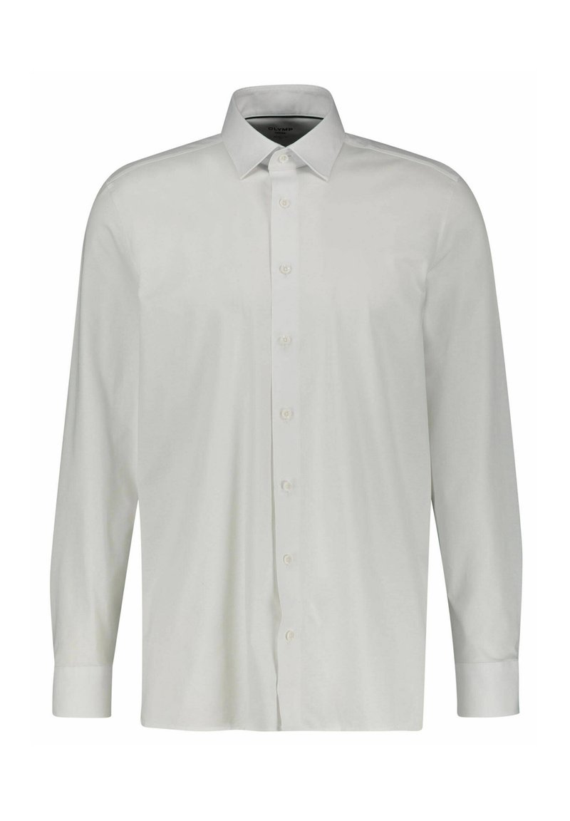 Wit overhemd met lange mouwen, gemaakt van gladde stof, met een kraag, knoopsluiting aan de voorkant en gestructureerde manchetten met knoopdetails.