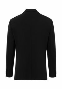 Schwarze Sakko mit einem klaren, maßgeschneiderten Design, einem einzelnen Rückenschlitz und langen Ärmeln. Verfügt über abgerundete Revers und geknöpfte Manschetten.