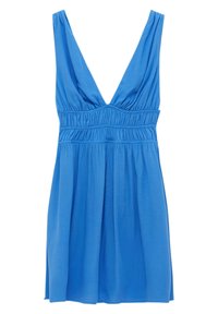 Robe sans manches bleu avec un décolleté en V profond, taille froncée et jupe ample.