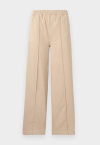 Beige vide bukser med elastisk talje, præget af to lodrette bukser, blødt stof og et enkelt design.
