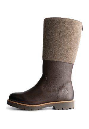Mid-kuit laars met donkerbruine leren onderkant en lichtbruine wollen bovenkant, rubberen zool met profiel en een reliëflogo op de hielkap.