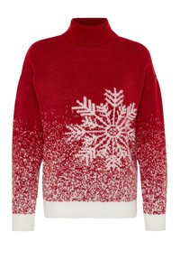 Punainen neulepaita, jossa on korkeampi kaulus, valkoisella lumihiutalekuviolla ja vaalenevalla valkoisella gradientilla alareunassa. Pehmeä rakenne.