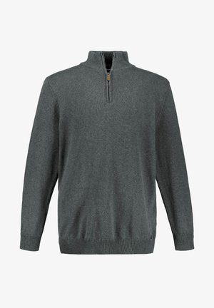 Ciemnoszary sweter z wysokim kołnierzem i pół zamkiem. Wykonany z miękkiego materiału dzianinowego, z prążkowanymi mankietami i dołem.