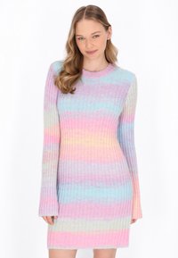 Ribbed knit dress with pastel horizontal stripes in pink, blue, and yellow. Long sleeves and a round neckline. Soft texture.