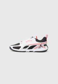 Athletic shoes with a white, black, and pink design; mesh upper, rubber sole, perforated accents, and visible branding on the side.