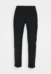 Pantalons noirs à coupe ajustée. Confectionnés dans un tissu doux, ils disposent d'une taille élastique et de jambes droites, sans poches ni détails visibles.