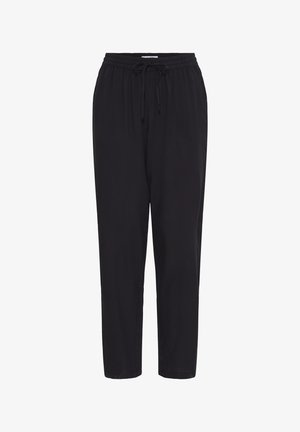 Musta lahtised püksid elastse vöökoha ja nööriga, sirgete säärtega ja küljetaskutega.