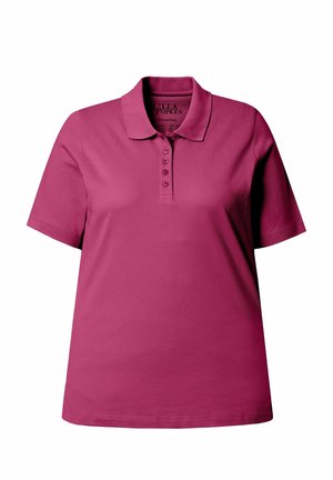 Raspberry polo z krótkim rękawem, z kołnierzykiem i pięcioprzyciskową listwą, prezentowany na białym tle.