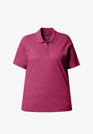 Korte mouw frambozenkleurig poloshirt met kraag en vijfknopslijst, weergegeven op een witte achtergrond.