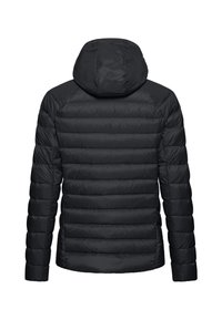 Schwarze Pufferjacke mit Kapuze, die gesteppten Abschnitte und eine glatte Textur aufweist. Die Rückansicht hebt das gepolsterte, isolierte Design hervor.