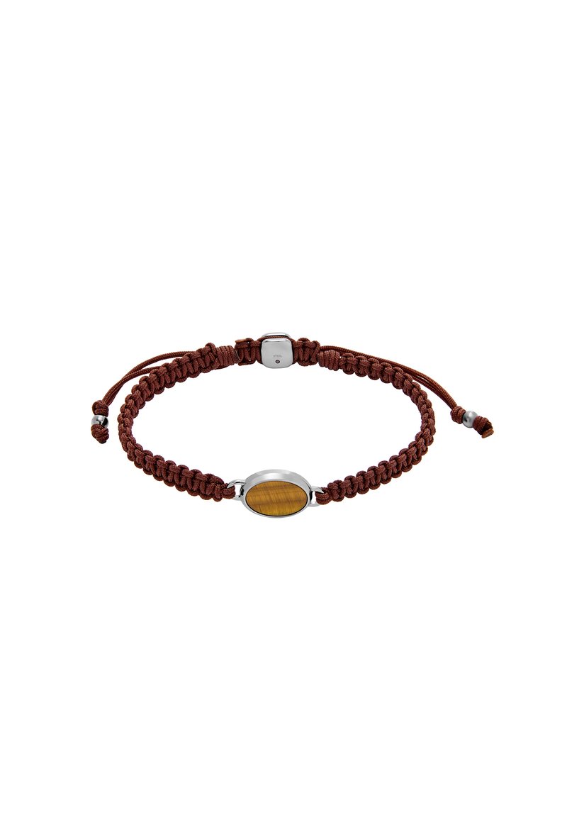 Braided brown cord bracelet featuring a central oval tiger's eye stone set in silver-tone metal, with adjustable closure and small metal accents.
