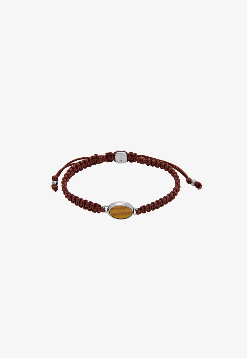 Braided brown cord bracelet featuring a central oval tiger's eye stone set in silver-tone metal, with adjustable closure and small metal accents.