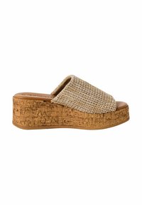 Infradito con piattaforma in sughero e tomaia in tessuto beige intrecciato. Presenta una fascia larga e una soletta in sughero naturale testurizzato.