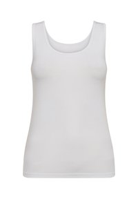 Hvid ærmeløs tank top med rund halsudskæring, glat tekstur og tætsiddende design, lavet af letvægts, strækbart stof.