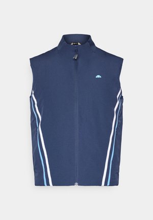 Námorná bezrukávová bunda s vysokým golierom, predným zipsom a kontrastnými bielymi a svetlomodrými bočnými pruhmi. Obsahuje malé logo na hrudi.