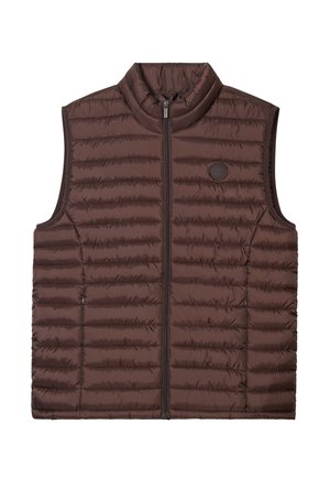 Gilet puffer marrone con colletto alto, chiusura con zip e motivo trapuntato orizzontale. Presenta un dettaglio con logo rotondo sul fronte.