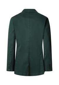 Blazer ajusté vert foncé, avec un col cranté, des manches longues, une fente au dos et des détails de poignet à cinq boutons. Texture de tissu lisse.