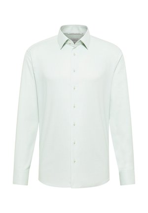 Lichtgroen langslobig shirt van gestructureerde stof, met een button-down kraag en zes knopen langs de voorkant.