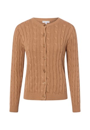 Bruine kabelgebreide cardigan met lange mouwen, ronde hals en knopen aan de voorkant, met label Marie Lund.