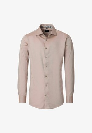 Beige Langarm-Hemd für Herren mit Knopfleiste und floralem Innenkragen-Detail, schmaler Schnitt, ohne Taschen.