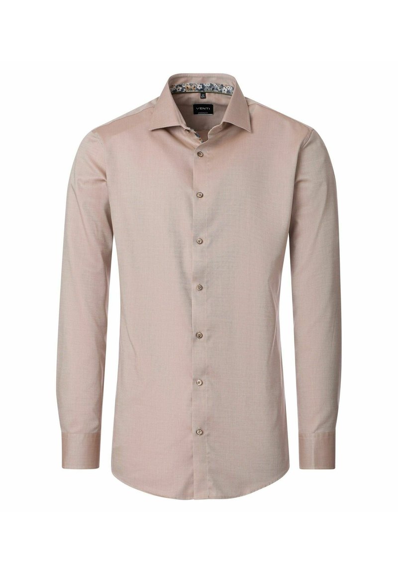 Męska beżowa koszula z długim rękawem, z guzikami z przodu i kwiatowym wykończeniem wewnętrznego kołnierzyka, slim fit, bez kieszeni.