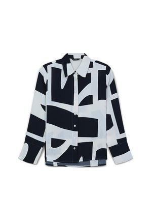 Long-sleeve button-up shirt with black and white abstract geometric pattern and pointed collar.