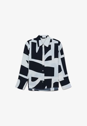 Langärmliges Hemd mit Knopfleiste, schwarzem und weißem abstraktem geometrischen Muster und spitzem Kragen.