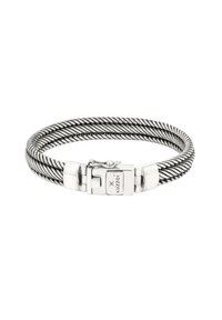 Metallarmband mit verflochtenen silberfarbenen Kabeln, einem glatten, glänzenden Verschluss und einem gravierten Logo, das ein schlankes, modernes Design präsentiert.