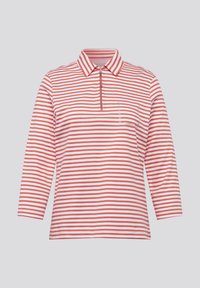 Rot-weißer gestreifter Langarm-Polohemd mit halbem Reißverschluss-Kragen und kleiner Brusttasche mit Akzenten. Aus weichem Baumwollmaterial.