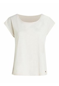 Crème-kleurige T-shirt met korte mouwen en een ronde halslijn, gemaakt van zachte stof. Heeft een textuurpatroon bij de schouders en een rechte zoom.