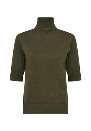 Jersey de tortuga de manga corta en verde oliva. Tejido de punto suave con un diseño ajustado y puños y dobladillo acanalados. Líneas simples y limpias.