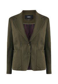 Blazer aderente verde oliva con due tasche frontali, due bottoni e rivestimento interno in satin borgogna. Rever a punta e design sartoriale.
