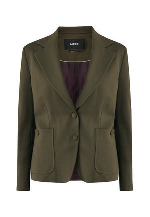 Olijfgroene fitted blazer met twee voorzakken, twee knopen en een satijnen binnenvoering in bordeauxrood. Met notch-lapels en een getailleerd ontwerp.