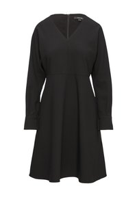 Schwarzes Kleid mit langen Ärmeln, V-Ausschnitt und taillierter Passform. Der Rock weitet sich, hat eine glatte Stoffoberfläche und einen Reißverschluss auf der Rückseite.