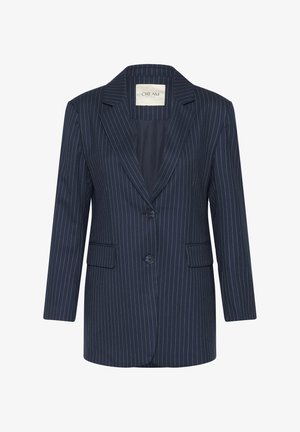Navy pinstripe blazer with a notched lapel, two buttons, and two front pockets. Smooth fabric and tailored fit enhance structured design.