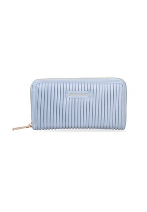 Light blue pleated leather wallet with a gold zipper and metallic logo tag. Features vertical ridges for texture and design detail.