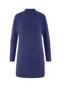 Abito in maglia a maniche lunghe di colore blu scuro, con un alto collo a coste e un motivo a punto testurizzato.
