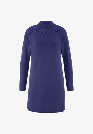 Langärmliges Strickkleid in Dunkelblau mit einem hohen gerippten Kragen und strukturiertem Strickmuster.