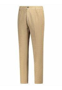 Beige corduroy broek met verticale geribbelde textuur, voorzien van een knoopsluiting en taps toelopende pijpen. Geen zakken zichtbaar vanuit de voorkant.