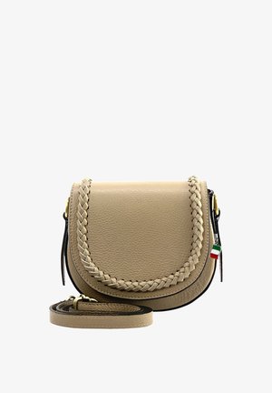 Tan leather crossbody bag with a braided accent along the flap, gold hardware, and an adjustable strap, featuring a small Italian flag tag.
