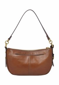 Borsa a tracolla in pelle marrone con chiusura a zip, forma curvata e una sola tracolla. Presenta hardware dorato e dettagli a punto sulla parte anteriore.