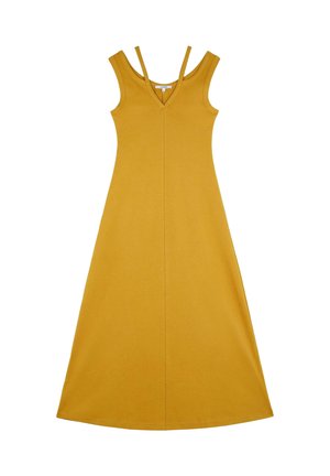 Vestido maxi amarillo sin mangas con escote en V, tejido de punto y dos finas tirantes. De longitud hasta el suelo, con un cuerpo ajustado y una falda acampanada.