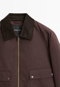 Braune Jacke mit einem Cordkragen, goldfarbener Reißverschluss und zwei vorderen Klappentaschen mit Druckknöpfen. Glatte Textur mit einem eleganten Design.