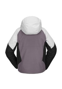 Waterdichte jas met een capuchon, in paars met witte en zwarte accenten, met een gladde textuur en een geïsoleerd ontwerp.