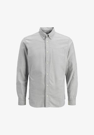 Šviesiai pilka ilgomis rankovėmis mygtukų marškiniai, pagaminti iš medvilnės, su kišene kairėje krūtinės pusėje ir mygtukais užsegamu apykakle.