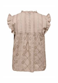 Hellbeige Bluse mit kurzen Rüschensäumen, die vertikale gestickte Streifen, ausgeschnittene Muster und einen gerafften Rücken aufweist.