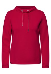 Roter Pullover mit hohem Kragen und verstellbarem Kordelzug. Lange Ärmel mit elastischen Bündchen. Glattes Material und minimalistisches Design.