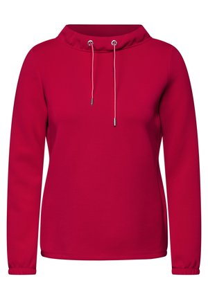 Červený pulovr s vysokým límcem a nastavitelným stahovacím šňůrkem. Dlouhé rukávy s elastickými manžetami. Hladká tkanina a minimalistický design.