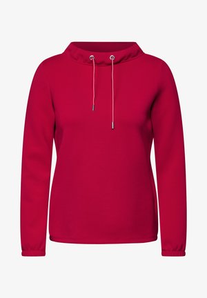 Červený pulovr s vysokým límcem a nastavitelným stahovacím šňůrkem. Dlouhé rukávy s elastickými manžetami. Hladká tkanina a minimalistický design.