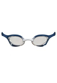 Occhiali da gara blu e trasparenti con un design aerodinamico, lenti ovali e fasce in silicone. Il marchio "arena" è stampato sul lato.